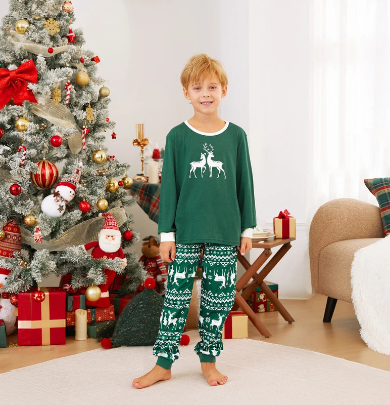 Family’s Matching Christmas Pyjama Set | Glowing Green Reindeer