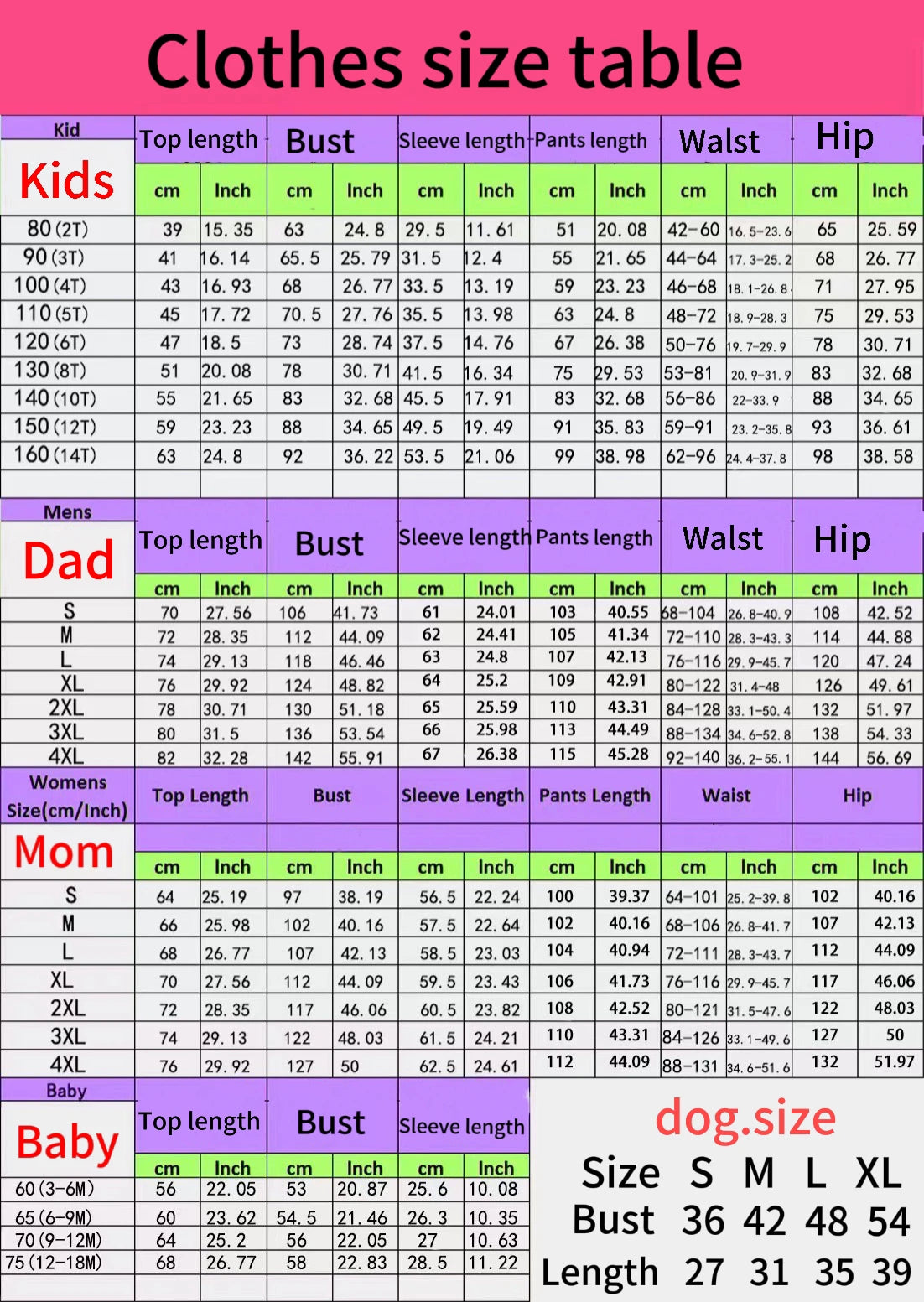 Cloth Size Chart