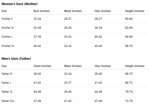 Men-women size chart